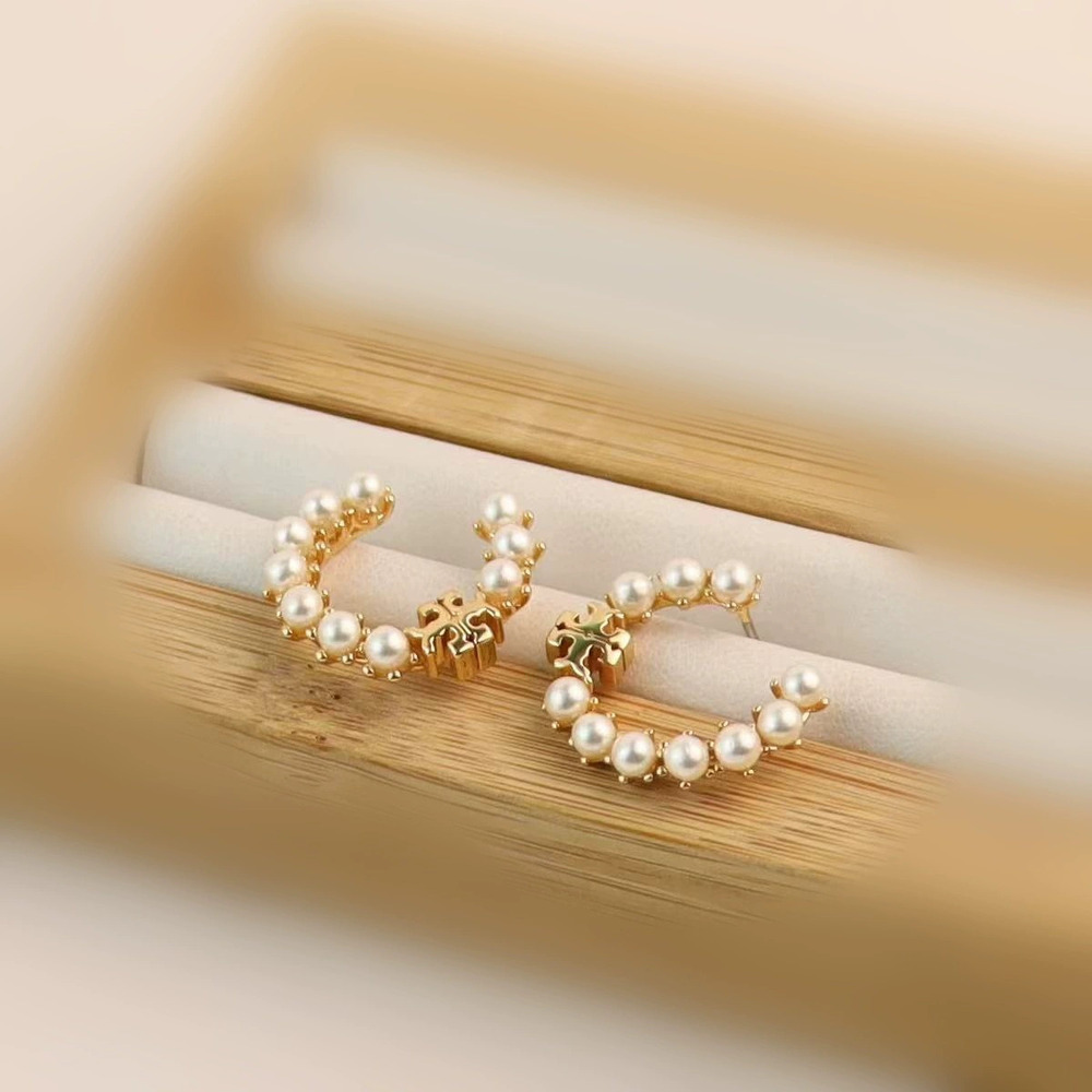 Tory Burch Stud Earrings Brass Gold Plated Faux Pearl Classic Letter